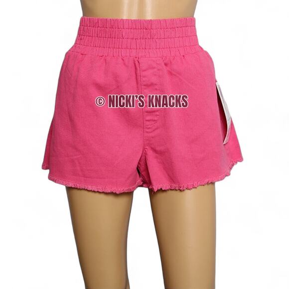 Vanilla Star Hot Pink Denim Shorts High Rise Pull On Frayed Hem Easy Fit Size L - Picture 2 of 10